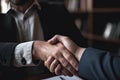 Close up of two business people shaking hands at meeting in office, Businessman shaking Hand With job candidate, AI Generated Royalty Free Stock Photo