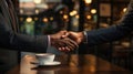 Close up of two businessmen shaking hands in a cafe. Business concept. Generative AI Royalty Free Stock Photo