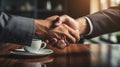 Close up of two businessmen shaking hands in coffee shop. Business concept. Generative AI Royalty Free Stock Photo