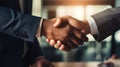 Close up of two businessmen shaking hands in office. Business concept. Generative AI Royalty Free Stock Photo