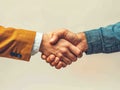 Close up of two businessmen shaking hands over white background with copy space Generative AI Royalty Free Stock Photo