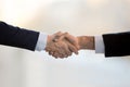 Close up two businessmen in suits shaking hands Royalty Free Stock Photo