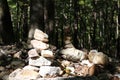 Close up of two cairns built from large rocks on Sal`s Branch Trail in North Carolina