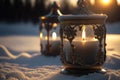 Close-up of two candles outdoors  in the snow, ai generated Royalty Free Stock Photo
