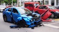 Close-up of two cars damaged in a traffic accident. Safety on the road. Royalty Free Stock Photo