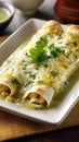 Chicken Enchiladas With Green Sauce And Cheese In White Dish Royalty Free Stock Photo