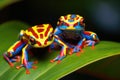 close-up of two colorful frogs on a leaf Royalty Free Stock Photo
