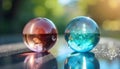 Close-up of two colorful glass marbles on a glossy, reflective background Royalty Free Stock Photo