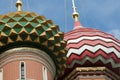Close up of two colorful towers and domes. Saint Basil Cathedral at Red Square, in Moscow, Russia Royalty Free Stock Photo