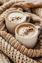 Close Up of Two Cups of Creamy Latte on Cozy Knitted Blanket Background Warm, Comforting Beverages Concept