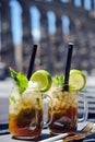 Close up two cups with mojito cocktails