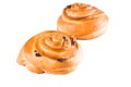 Close up of two delicious buns with raisins on white isolate background. bakery, baking, cafe Royalty Free Stock Photo