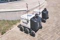 Close-up of two delivery robots, rovers in service of Russian Post.