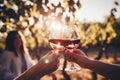Close-up of two female friends clinking glasses with red wine in vineyard, Blurred image of friends toasting wine in a vineyard in Royalty Free Stock Photo
