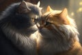 Close-up of two fluffy cats grooming each other with a cozy indoor setting