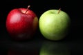 Close up of two fresh shiny green and red apples on a dark black background