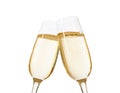 Close-up of two glasses of Champagne clinking together. Isolated on white background. Royalty Free Stock Photo