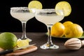 Close-up of two glasses with margarita cocktail, on dark wooden table with limes and lemons, black background Royalty Free Stock Photo