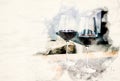 Close-up of two glasses with red wine on table in watercolors Royalty Free Stock Photo