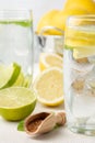 Close-up of two glasses of water with lemon and lime slices, on white wood with brown sugar and half lemons, Royalty Free Stock Photo