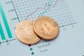 close-up. two gold bitcoins on the financial chart. Royalty Free Stock Photo