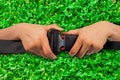 Close up two hand use safety belt Royalty Free Stock Photo