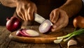 Hands of a Chef Cutting the Red Onion With a Knife - Generative Ai Royalty Free Stock Photo
