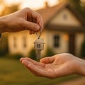 A close-up of two hands exchanging a set of house keys in warm golden sunlight, with a soft-focus background suggesting the Royalty Free Stock Photo