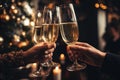 Close-up of two hands holding glasses of champagne at Christmas party, Close up of people toasting with christmas champagne Royalty Free Stock Photo