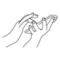 Close-up two hands using mobile phone vector illustration sketch doodle hand drawn with black lines isolated on white background