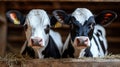 Close-up of two holstein calves in barn setting Royalty Free Stock Photo
