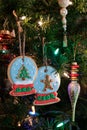 A close up of two homemade snow globe cookies hanging on a Christmas tree.