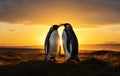 Close up of two King penguins standing in the field at sunset Royalty Free Stock Photo