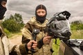 Close up of Two men outdoors wearing balaclava helmets and motor Royalty Free Stock Photo