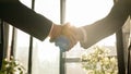 Close-up two men shake hands in office near window sunny sun background. Unrecognizable partners diverse businessmen Royalty Free Stock Photo