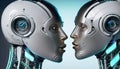 Close-up of two metal and neon-lit androids about to kiss. Robots in love. Humanoids kissing.