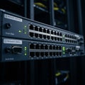 Close-up of two network switches in a server room. Each switch features multiple Royalty Free Stock Photo
