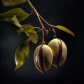 Close-up of two nuts hanging from branches of tree. One nut is green, while other one is brown. They are both attached