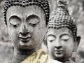 Close-up of two old Buddha statues of the ruined ancient temple