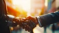 Close up of two people shaking hands with city in the background. Generative AI Royalty Free Stock Photo