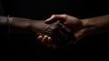 A close up of two people shaking hands in a dark room, AI Royalty Free Stock Photo