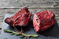 Close-up of two pieces of smoked meat