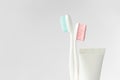 Close up of two plastic white toothbrushes with pink and blue bristle and toothpaste in tube on white background. Royalty Free Stock Photo