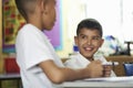 Close up of two primary school boys interacting in class