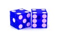 Close-up of two professional blue glass dice. Four and four, with a slight shadow, complete clipping. Macro shot, selective focus