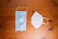 Close-up of two protective face masks, a surgical mask and a N95 Respirator, to wear to stay safe against the coronavirus during Royalty Free Stock Photo
