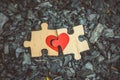 Close-up of two puzzle pieces forming a heart on embers. Love, reunion Royalty Free Stock Photo