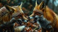 Close-up of two red foxes (Vulpes vulpes) in the forest. Animal rabies