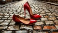 Closeup of Red High-heeled Shoes Abandoned on a City Street - Generative Ai Royalty Free Stock Photo