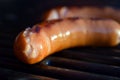 Close up of two sausages on barbecue grill Royalty Free Stock Photo